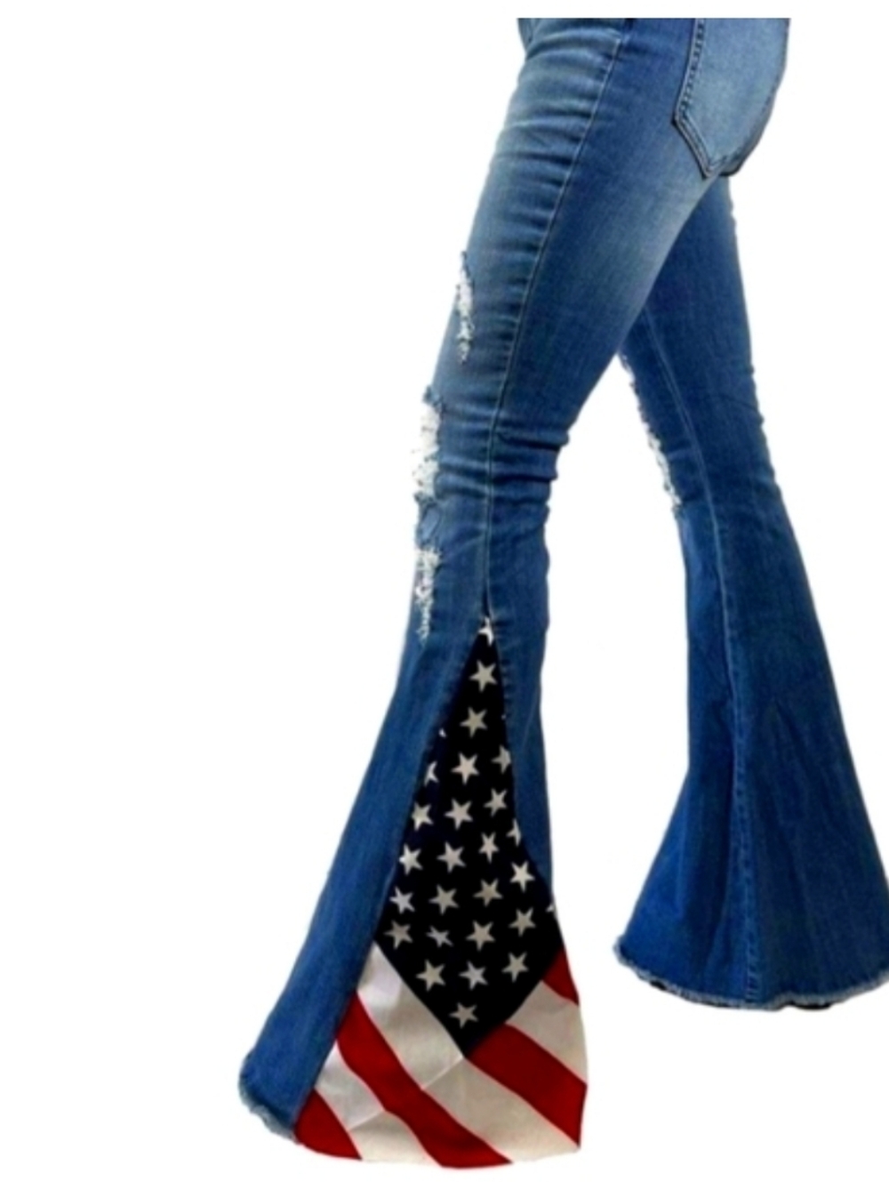 Women's American Flag Ripped Bell Bottom Jeans - Blue - Picture 3 of 3